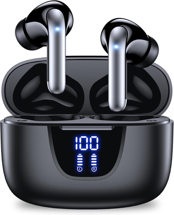 Wireless Earbuds 76Hrs Playtime Ear Buds Bluetooth Headphones with LED Power Display Charging Case Stereo in-Ear Earphones IPX7 Waterproof Sports Headset with Mic for Phone Laptop TV Black