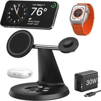 Charging Station for Apple Multiple Devices, for MagSafe Charger Stand, Wireless Charger for MagSafe 3 in 1 for iPhone 15 14 13 12 Series, Apple Watch, AirPods Pro/3/2 (30W Adapter Included)