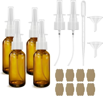 Nasal Spray Bottle Spray Glass Bottles 4Pcs 1oz (30ml) with Press Spray Head Refillable Portable Fine Mist, 2* funnel, 1* dropper，empty nose spray glass bottle brown nasal spray bottle