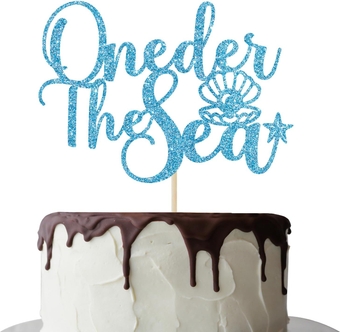 Oneder the Sea Cake Topper, Under the Sea Party Decorations, Baby 1st Birthday Cake Decor, Sea Themed First Birthday Party Supplies Blue Glitter
