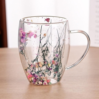 2024 Hlass Cup With Flowers Novel Double Wall Glass Mug Cup With Dry Flower Sea Snails Conchs Glitter Fillings For Coffee Juice Milk Lovely Gift Flower Double-layer Glass Cup (B)