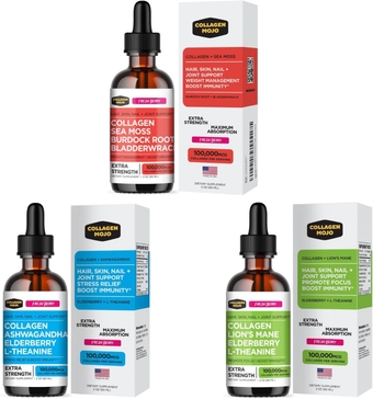 Liquid  Peptides with Sea Moss, Burdock Root & Bladderwrack + Ashwagandha, Elderberry & L-Theanine + Lions Mane Mushroom, Elderberry & L-Theanine