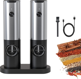 Salt Pepper Grinder Set Electric Rechargeable Automatic Gravity Induction Pepper Mills for Spices Battery Operated Stainless Steel Salt Pepper Shakers with LED Light