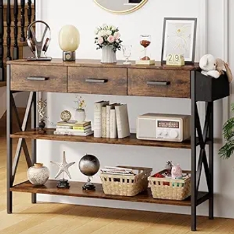 47" Console Table with 3 Drawers, Industrial Entryway Table with 3 Tier Storage Shelves, Narrow Long Sofa Table for Entry Way, Hallway, Couch, Living Room, Kitchen, Rustic Brown