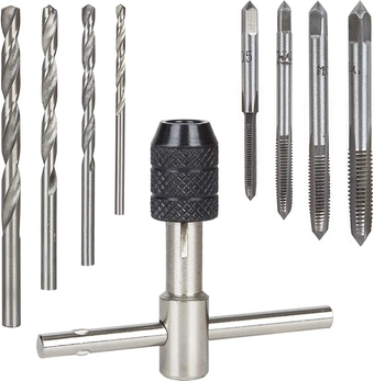9 Pcs Adjustable T-Handle Tap Holder Wrench, Machine Thread Taps Set Tapping Threading Tool Set with 4 Pcs Metric Taps Set (M3-M6 Taps), 4 Pcs Drill Bits