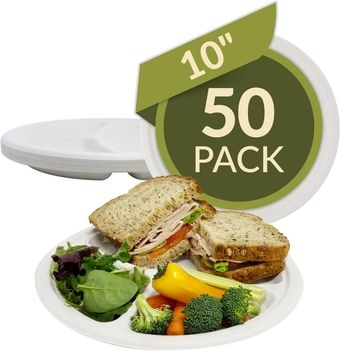 Compostable Paper Plates, 10 Inch (50 Pack) | 3-Compartment | White Disposable Plates 10" | Heavy Duty Paper Plates, Sectioned | Made of Sugarcane Fibers/Bagasse - Biodegradable | Microwavable