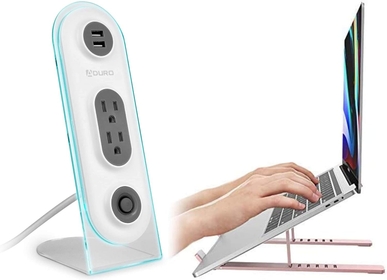 Dual USB 2 Outlet Power Strip Charging Desktop Stand Hub Extension, White/Grey Bundle with U-Rise Steel Ergonomic Laptop Stand Adjustable Height Monitor Stand Riser, Rose Gold