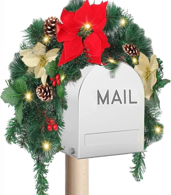 Christmas Wreath Outside for Mail Box Battery Operated 37In 37.4Inch Mailbox with Wintry Berries Greenery Cones 20 LED Indoor Wreaths Bells Pine Large Swag for Door Window Decor Gifts Deals