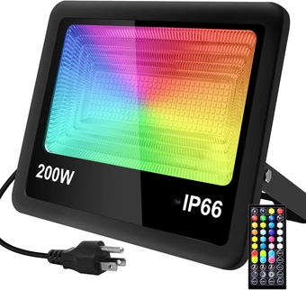 200W RGB LED Flood Lights, IP66 Waterproof Security Light Color Changing Spotlight with Remote Control, 20 Colors 6 Modes Timer Wall Light with US 3-Plug (200W-RGB)