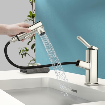 Single Hole Bathroom Faucet, Single Handle Modern Pull Out Bathroom Sink Faucet with 3 Water Flow Modes, Fountain Bathroom Faucets with Sprayer (Brushed Nickel, Regular)