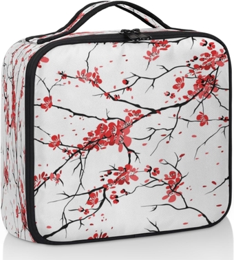 Travel Makeup Bag for Women Large Square Portable Professional Coquette Train Cosmetic Case with Handle Cherry Branches Flowers
