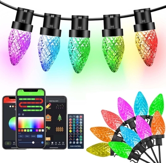 Dynamic C9 Christmas Lights Outdoor RGB, 33Ft 50 LED Smart Christmas Lights APP Remote Controlled DIY Color Changing C9 String Lights Connectable Waterproof Music Lights for Eaves Xmas Decoration