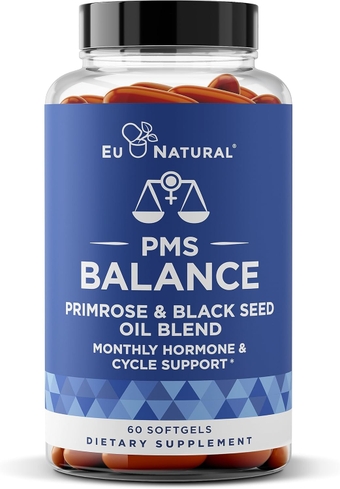 Balance PMS Vitamins for Women - Hormone Balance for Women, Menstrual & PMS Relief - Bloating, Cramping, Mood Swings, Restlessness, Clear Skin - Primrose Oil, Black Seed Oil & DIM - 60 Liquid Softgels