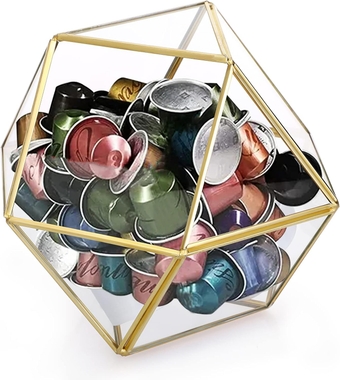 Gold Glass Coffee Pods Holder, Large Capacity 14 Sided Glass Box for K Cups & Nespresso Capsules, Coffee Capsule Storage for Counter Coffee Bar, Kitchen, Office