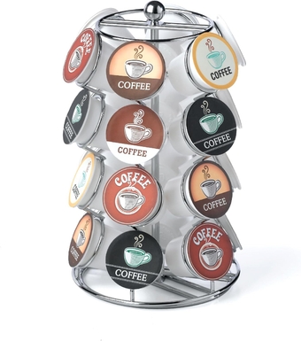 K Cup Holder – Compatible with K-Cups, Coffee Pod Carousel | 24 K Cup Holder, Spins 360-Degrees, Lazy Susan Platform, Modern Chrome Design, Home or Office Kitchen Counter Organizer