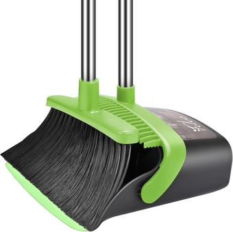 Broom and Dustpan Set Long Handle, Broom with Dustpan Combo Set Heavy Duty Dust Pan and Broom Stainless Steel Handle Standing Dustpan and Broom for Home Kitchen Indoor Sweeping - Green