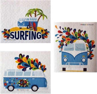Mixed Hippie Bus Set of 3 Cloths (one of Each Design) Swedish Dishcloths | ECO Friendly Absorbent Cleaning Cloth | Reusable Cleaning Wipes
