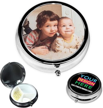 Personalized Round Pill Case - Custom Metal Pill Box with Photo/Text Logo, Portable Pill Organizer for Pocket, Purse and Travel, Daily Vitamin Medicine Storage Container