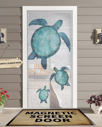 Teal Turtle Watercolor Magnetic Screen Door, Summer Beach Oceans Wood Grain Hands Free Screen Mesh Size 38'' x 83'', Reinforce Heavy Duty Mesh Screen Doors for Patio/Front/Sliding Door