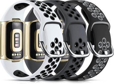Compatible with Fitbit Charge 6 Bands/Fitbit Charge 5 Band for Women Men, Silicone Band Sport Wrist Strap for Charge 5 and Charge 6 Watch Accessories, Coal Black/White Black/Black Gray, Large