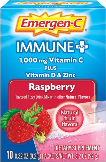 Immune+ 1000Mg Vitamin C Powder, with Vitamin D, Zinc, Antioxidants and Electrolytes for Immunity, Immune Support Dietary Supplement, Raspberry Flavor - 10 Count