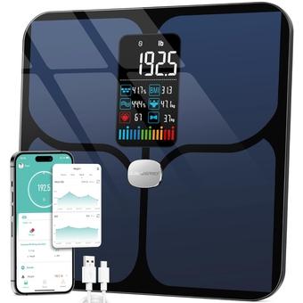 Body Fat Scale,  Digital Smart Bathroom Scale for Body Weight, Large LCD Display Screen, 16 Body Composition Metrics BMI, Water Weigh, Heart Rate, Baby Mode, 400lb, Rechargeable
