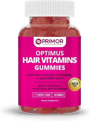Optimus Weight Hair Vitamins Gummies, 5000 mcg Biotin – Cherry Flavor - w/Vitamins A, C, D, E, B6 & B12, w/Zinc, Iodine, for Thicker, Stronger & Healthier Beautiful Hair for Men & Women | 60 Gummies