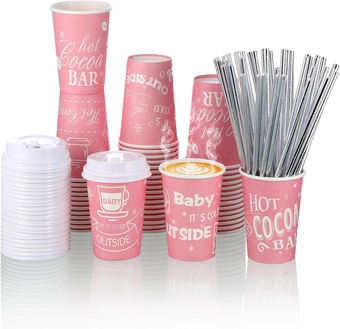 48 Pcs Hot Cocoa Bar Disposable Coffee Cups It's Cold Outside Coffee Paper Cup with Lid and Straw Disposable Coffee Cups Tea Cups for Christmas Baby Shower Party Supplies (Lovely Style, 16oz)