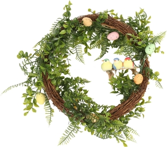 13.8'' Artificial Easter Wreath Spring Greenery Wreath with Grapevine Base, Pastels Easter Eggs and 3 Standing Birds Figurines for Front Door Window Wall Decor and Easter Party Celebration