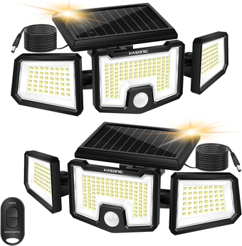 ASONIC Solar Flood Lights, 2500LM Super Bright Motion Sensor with Remote, IP65 Waterproof Solar Security Spot Lights with 15Ft Cable for Patio, Garage, Porch, Yard, 2 Pack