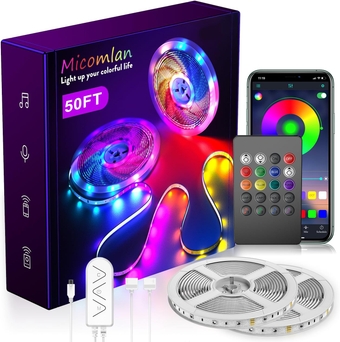 50ft/15M Led Strip Lights,Music Sync Color Changing RGB LED Strip Lights Built-in Mic, Bluetooth app Controlled LED Lights Rope Lights, 3535 RGB LED Light Strip(APP+Remote+Mic+3 Button)