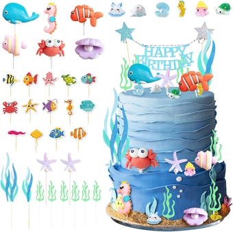 37 PCS Under the Sea Cake Decorations Ocean Sea Animals Cupcake Toppers Sea Turtle Starfish Seashells Seahorse Ocean Cake Topper Party Decorations Supplies for Birthday Party