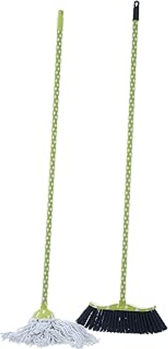 Cotton Mop and Broom Set, Light Green Polka Dot Print Design, r Cleaning Tools Broom and String Mop.