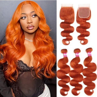 Ginger Ombre Human Hair Bundles with Closure Body Wave (14 16 18+14), 10A Ginger Body Wave Bundle with Closure Real Raw Ginger Hair Weave Bundle Closure 350 Ginger Human Hair Bundles Closure