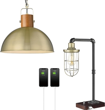 Dome Pendant Light 16" Vintage Chandeliers Rubber Wood Hanging Lamp & Industrial Dimmable Desk Lamp, Steampunk Table Lamp with USB Type-C for Kitchen Island Farmhouse Dining Living Room Hallway