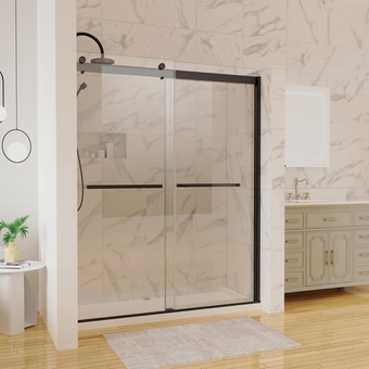 56-60 in.W x 74 in.H, Double Semi-Frameless Sliding Shower Door, Soft-Close, with ANSI Certified Tempered Glass, Slim Aluminium Bottom Track, for Bathroom, Matte Black