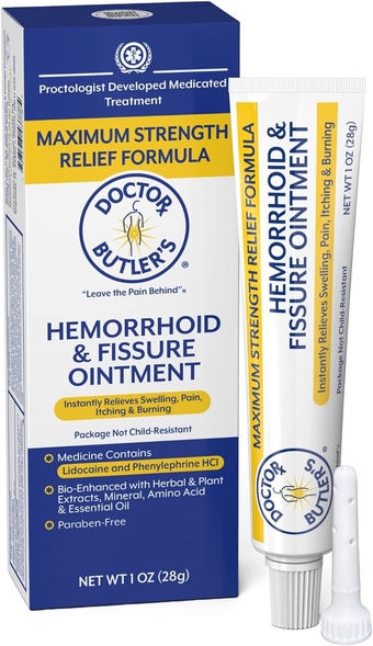 Butler’s Hemorrhoid & Fissure Ointment Cream with Lidocaine and Phenylephrine HCI for Fast Acting Relief of Pain, Swelling, Discomfort, and Itching (1 oz.)