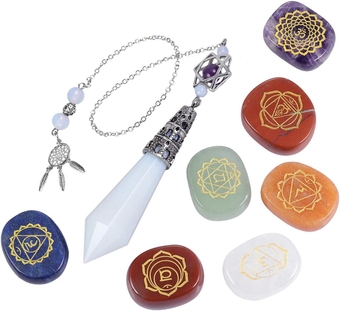Healing Crystals Set, 7 Chakra Engraved Symbols Stones & Hexagonal Crystal Pendulum, Chakra Balancing Dowsing Divination Kit, Synthetic Opalite Crystal Stone+7Chakra Stones