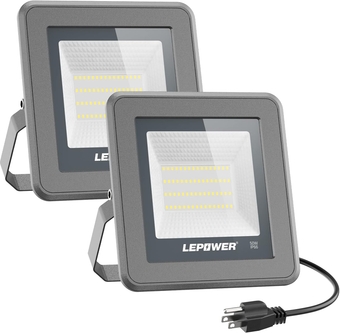 50W LED Flood Light, 5000lm Work Light with Plug, Equiv 250W Halogen, 6000K White Light, IP66 Waterproof Outdoor Floodlight for Garage, Garden, Lawn, Basketball Court, Playground 2 Pack