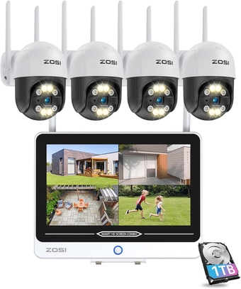 2K 8CH All in one PTZ Wireless Security Camera System with 12.5in LCD Monitor, 4x 3MP Outdoor Indoor Pan/Tilt Cameras with 2 Way Audio,Night Vision,Human Detection,1TB HDD for Home 24/7 Recording