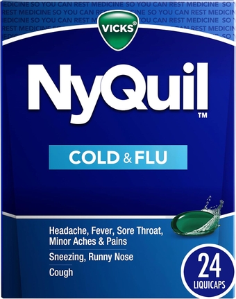 NyQuil Cold and Flu Relief Liquid Medicine, Powerful Multi-Symptom Nighttime Relief for Headache, Fever, Sore Throat, Minor Aches and Pains, Sneezing, Runny Nose, and Cough, 24 Liquicaps