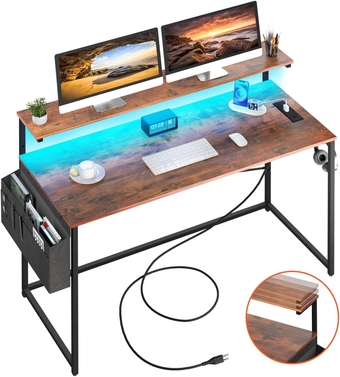 Computer Desk with LED Lights, Adjustable Monitor Stand, Power Outlets, and Storage - 47" Home Office Desk