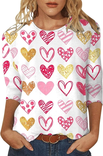 Plus Size Christmas Tops,Women's Fashion Casual Three Quarter Sleeve Valentine's Dayprint Round Neck Pullover Top