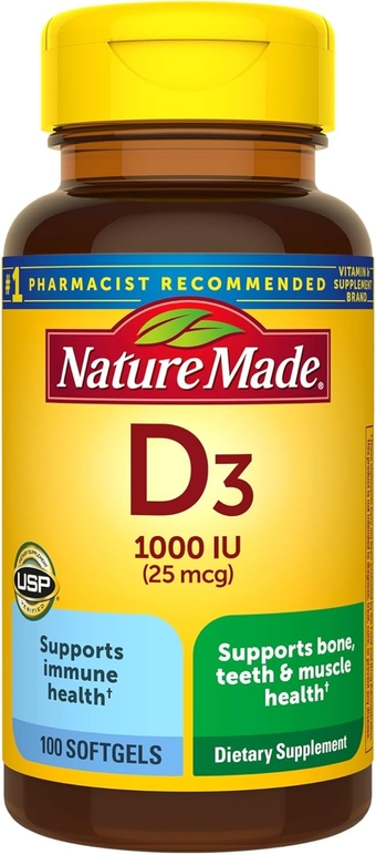 Vitamin D3, 100 Softgels, Vitamin D 1000 IU (25 mcg) Helps Support Immune Health, Strong Bones and Teeth, & Muscle Function, 125% of the Daily Value for Vitamin D in Only One Daily Softgel