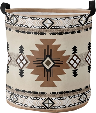Boho Western Large Laundry Basket,Collapsible Bag with Easy Carry Handles,13.8x17in Waterproof Foldable Freestanding Hamper,Washing Bin Clothes Storage Round Southwest Native American Indian Geometric