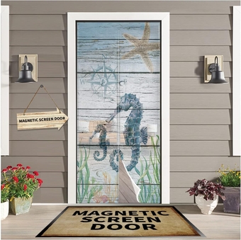 Magnetic Screen Door Screen Curtain 38" x 83", Animal Seahorse Starfish Seaweed Compass Screen Door Mesh Door Screen Heavy Duty for Sliding Door Front Doors Ocean Beach Coastal Theme Wooden Grain