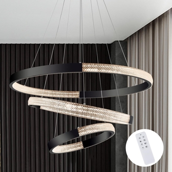 Modern LED Chandeliers 27" Large Chandelier Light with Remote Control 3 Ring Dimmable Black Chandelier Kitchen Island Pendant Lighting Fixtures for Living Room Dining Room