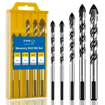 Masonry Drill Bit Set 5pcs, Concrete Drill Bits with Carbide Tip (1/4”-1/2”) for Brick, Tile, Cement, Ceramic, Glass, Plastic, Etc.
