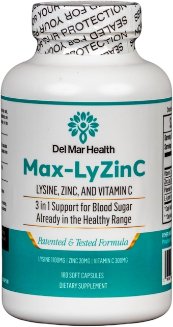 Max-LyZinC: L-Lysine 1100mg + Zinc 6 mg + Vitamin C 100 mg - 3-in-1 Supplement for Maintaining Blood Sugar Already in The y Range - 180 Capsules / 3-Day Supply