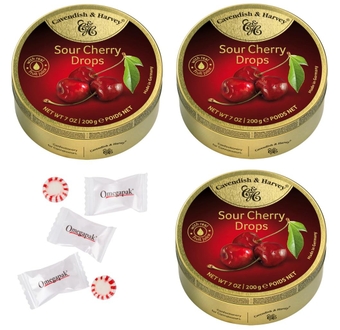 Cavendish And Harvey Hard Sanded Cherry Drops with  Starlight Mints, Fruit Flavored Imported German Candy, Bundles of 3 Tin, 5.3 Ounces Each